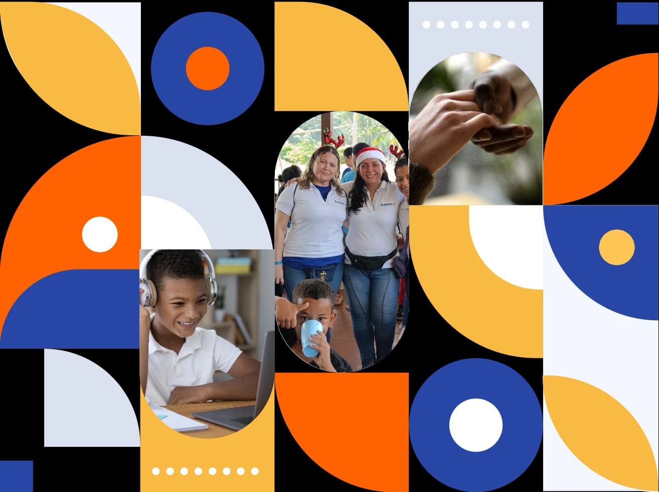 Composición gráfica con figuras geométricas en colores azul, naranja y amarillo que enmarcan tres fotografías: un niño estudiando con audífonos, un grupo de personas en actividad comunitaria y una mano entregando una semilla.